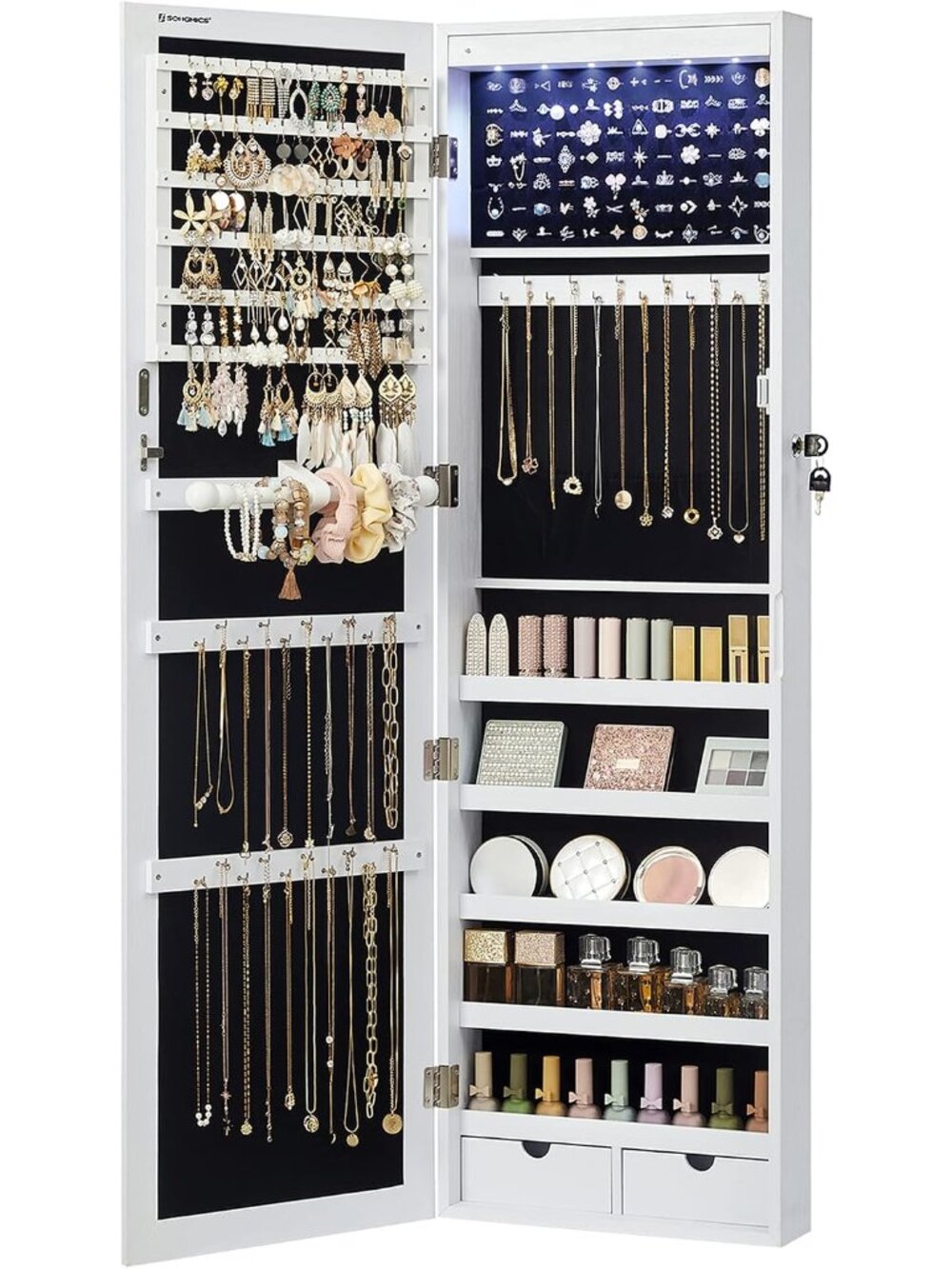 6 LEDs Mirror Jewelry Cabinet, 47.2-Inch Tall Lockable Wall or Door Mounted Jewe